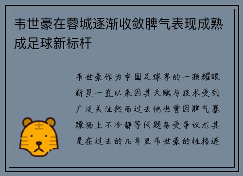 韦世豪在蓉城逐渐收敛脾气表现成熟成足球新标杆 韦世豪在蓉城逐渐收敛脾气表现成熟成足球新标杆