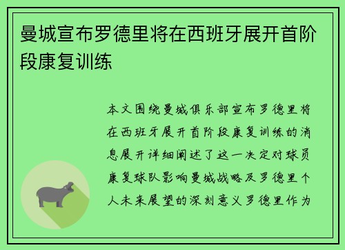 曼城宣布罗德里将在西班牙展开首阶段康复训练